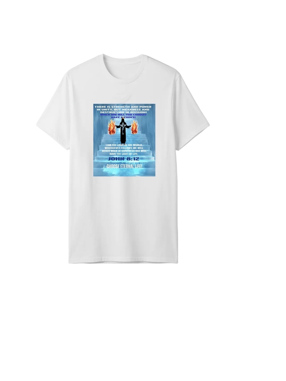 Gildan White Short Sleeve Tee with Blue Religious Graphic